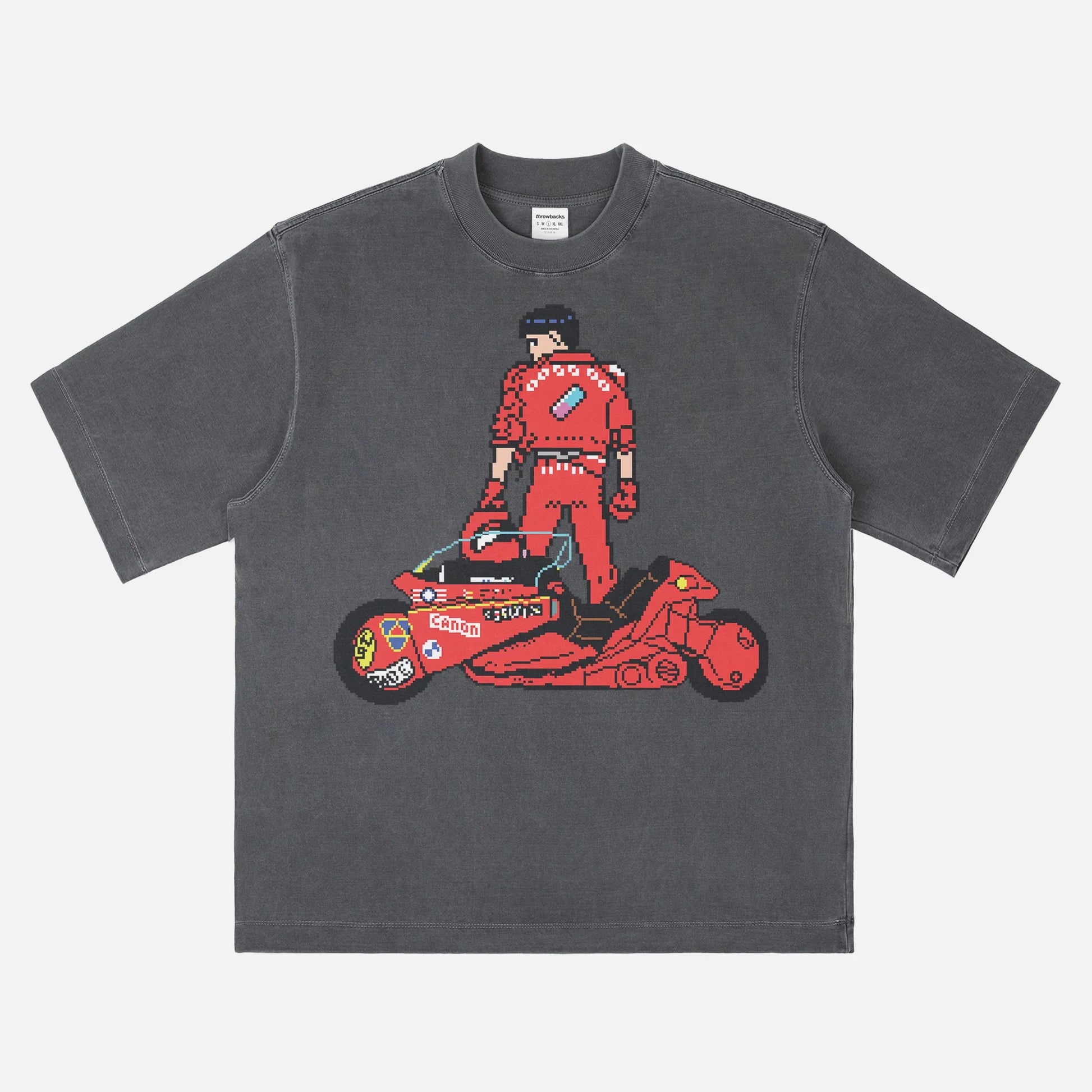 Retro Akira anime 8-bit graphic t-shirt for men and women, vintage heavyweight manga movie tee in distressed black
