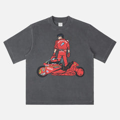 Retro Akira anime 8-bit graphic t-shirt for men and women, vintage heavyweight manga movie tee in distressed black