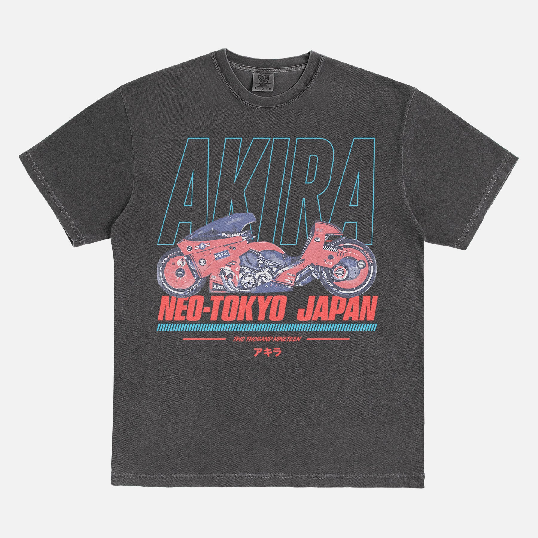 cool faded black Akira motorcycle graphic tee shirt, distressed JDM style anime manga movie streetwear t-shirt with red and blue graphic