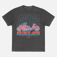 cool faded black Akira motorcycle graphic tee shirt, distressed JDM style anime manga movie streetwear t-shirt with red and blue graphic