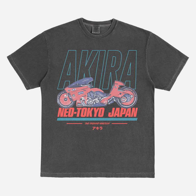 cool faded black Akira motorcycle graphic tee shirt, distressed JDM style anime manga movie streetwear t-shirt with red and blue graphic