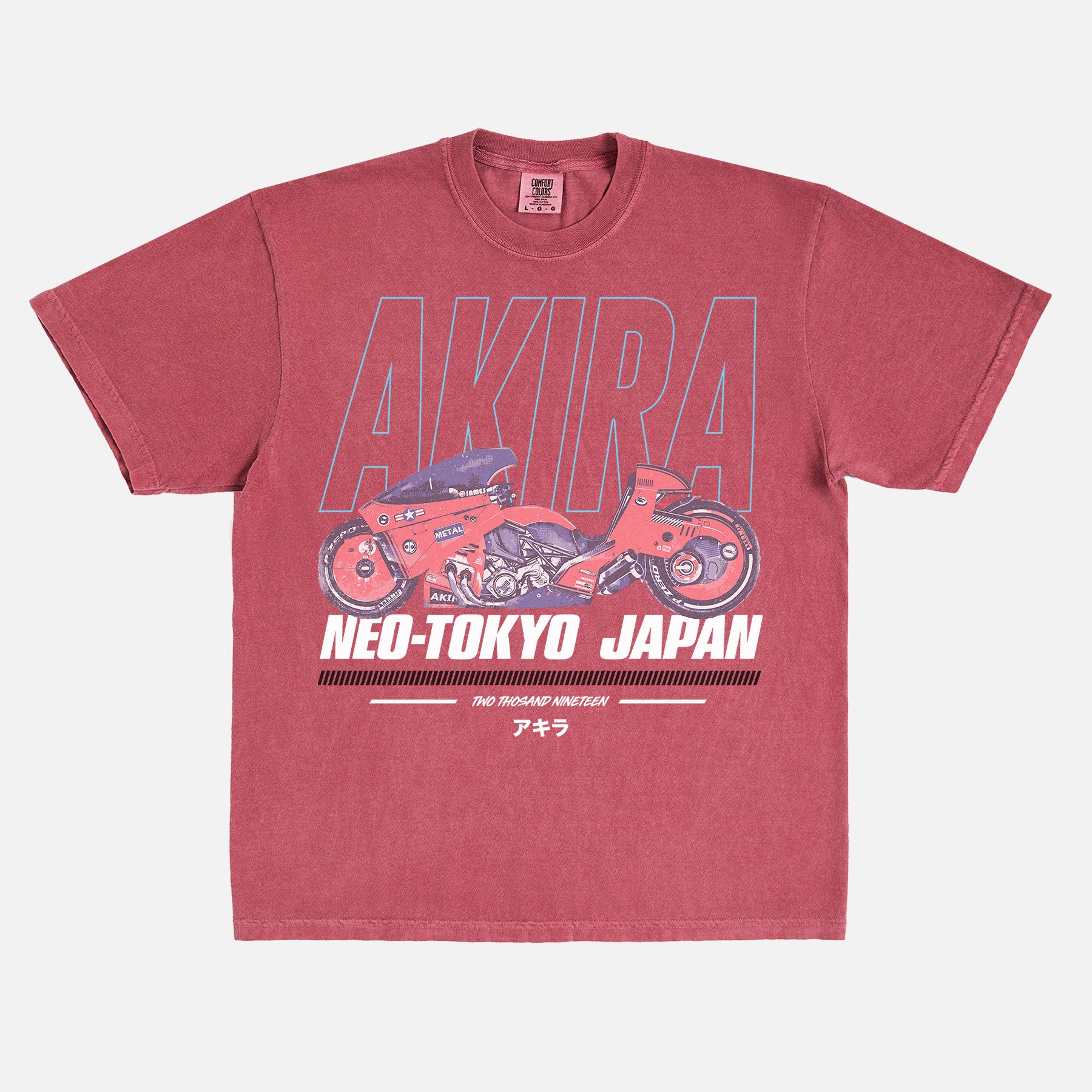 cool faded red Akira motorcycle graphic tee shirt, distressed JDM style anime manga movie streetwear t-shirt with red and blue graphic