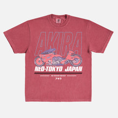 cool faded red Akira motorcycle graphic tee shirt, distressed JDM style anime manga movie streetwear t-shirt with red and blue graphic