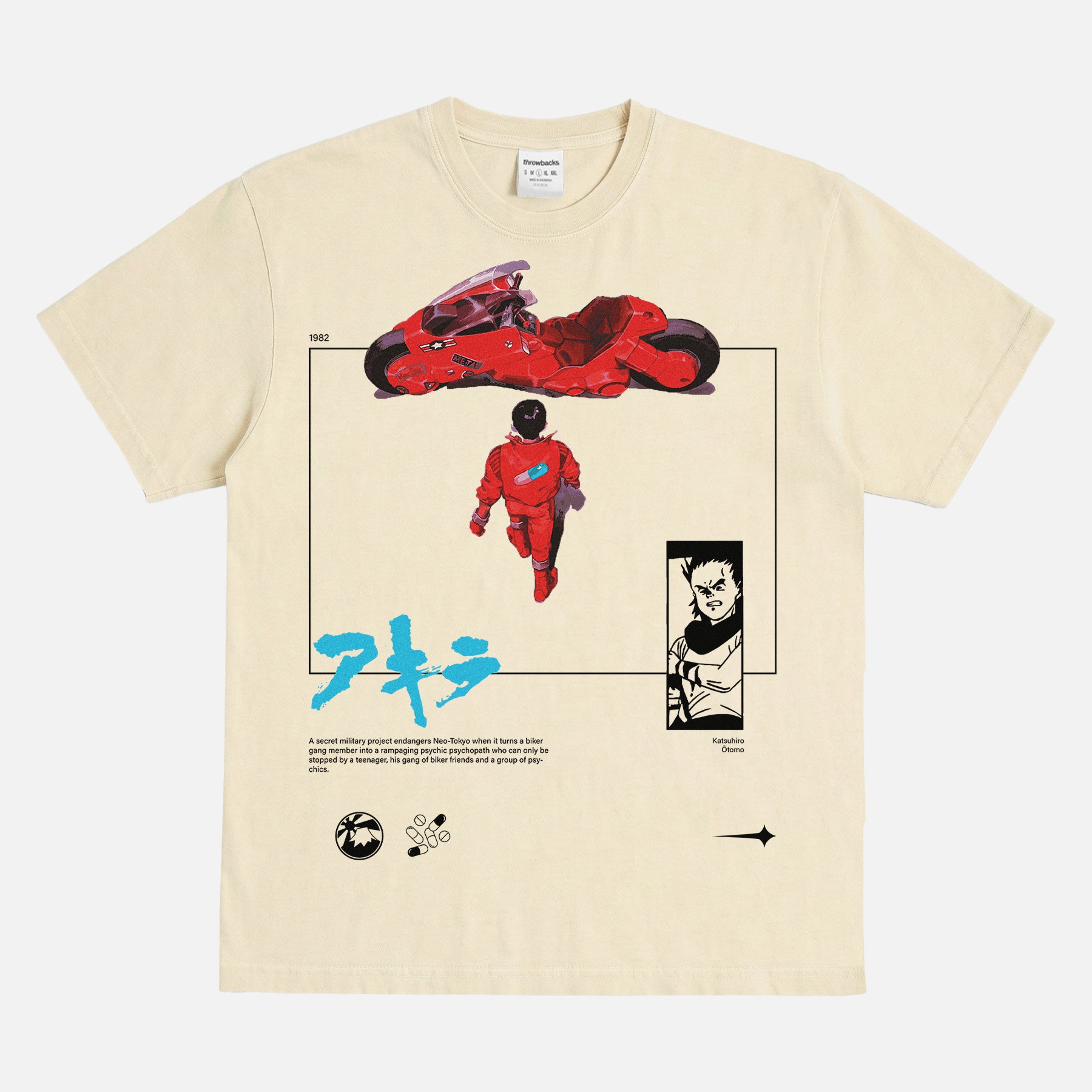 Cool streetwear style Anime t-shirt with Japanese anime movie poster on heavyweight faded cream off white and red tee