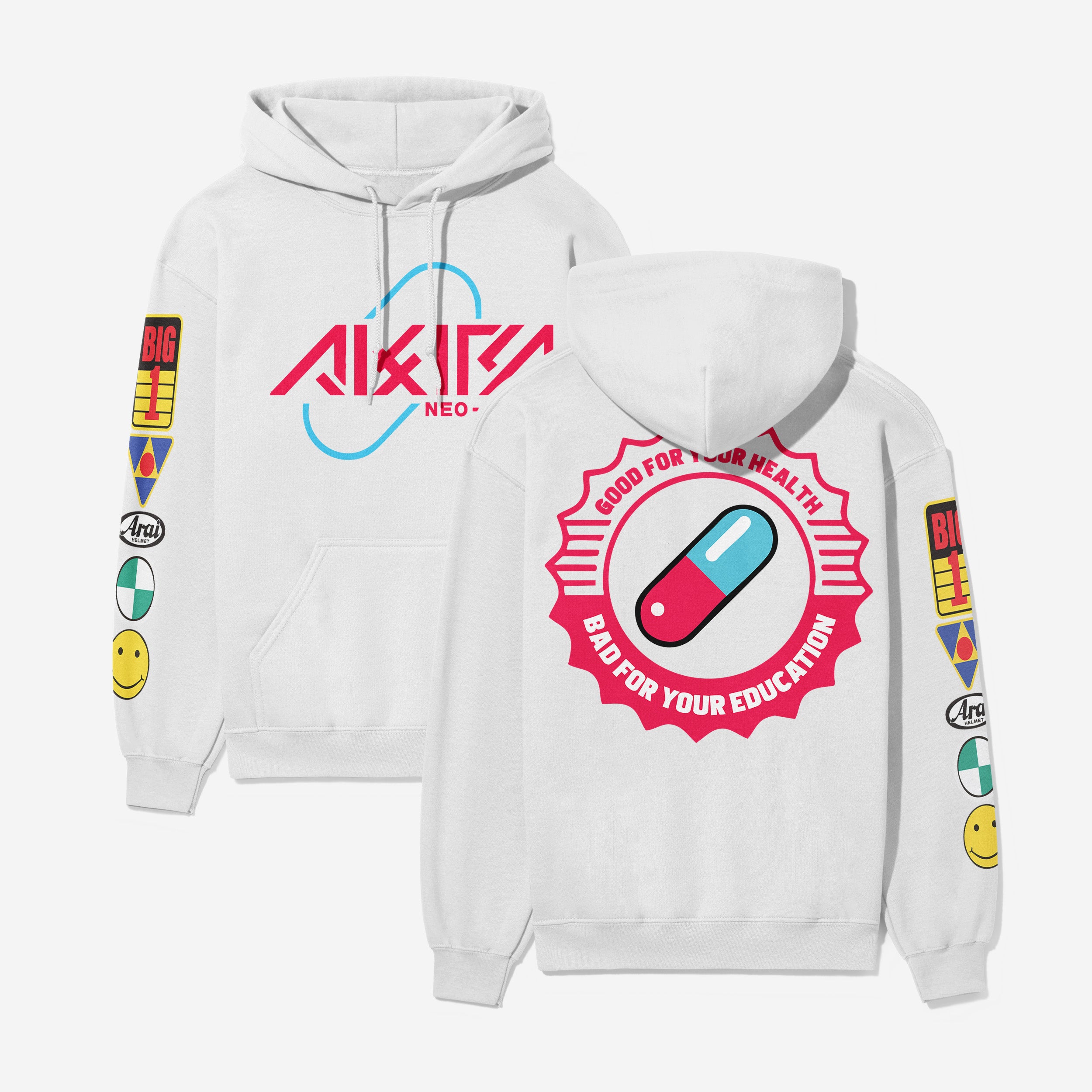 Akira streetwear style hoodie with front, back, and sleeve print on an oversized white hooded sweatshirt, Akira anime hoodie sweater with motorcycle stickers and pill