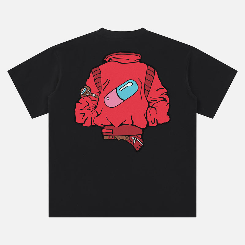 Cyberpunk Neo-Tokyo Akira graphic t-shirt with motorcycle jacket art and front and black print on a black t-shirt