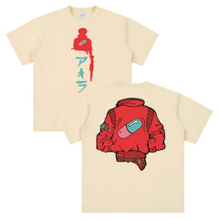 Cyberpunk Neo-Tokyo Akira graphic t-shirt with motorcycle jacket art and front and black print on a beige cream t-shirt