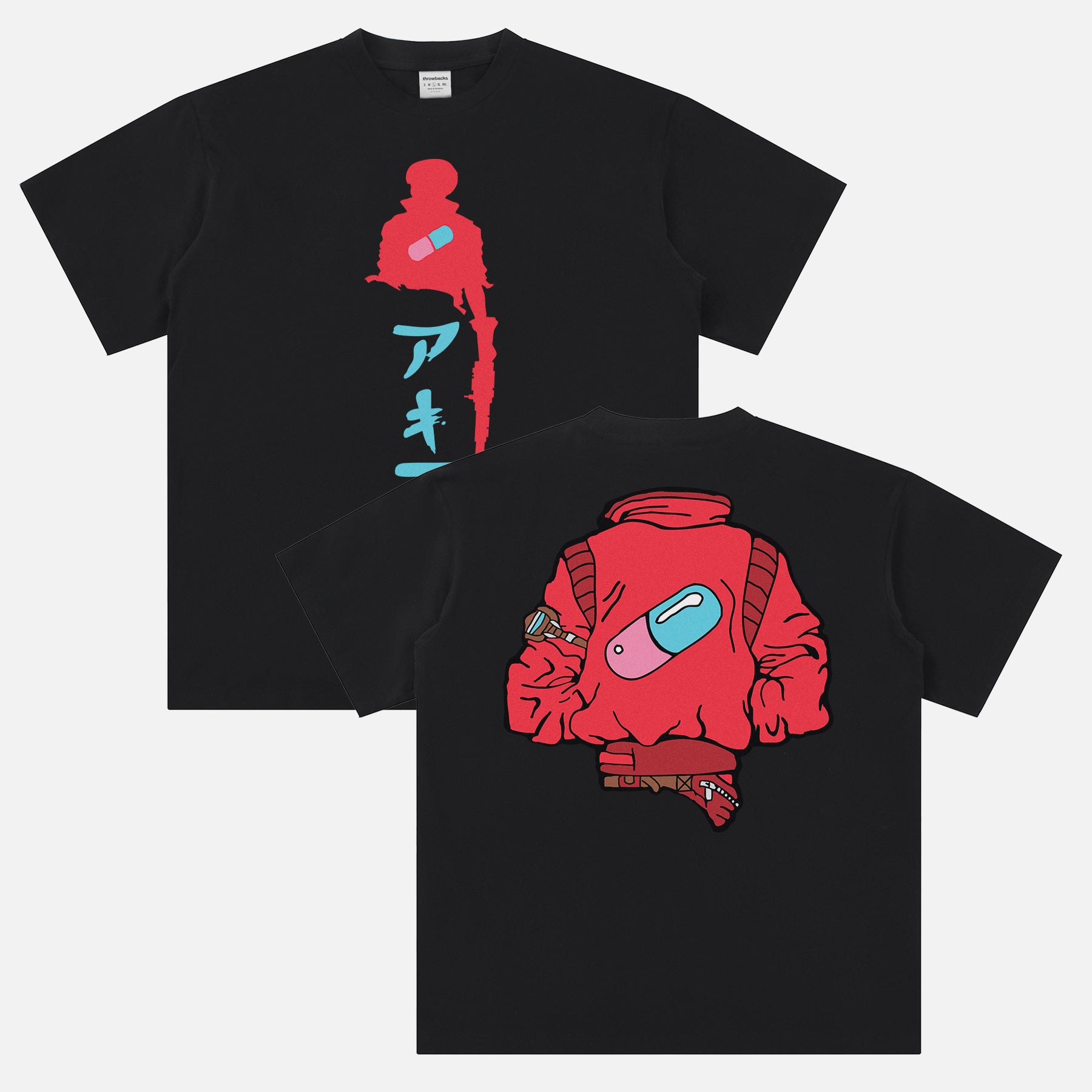 Cyberpunk Neo-Tokyo Akira graphic t-shirt with motorcycle jacket art and front and black print on a black t-shirt