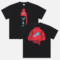 Cyberpunk Neo-Tokyo Akira graphic t-shirt with motorcycle jacket art and front and black print on a black t-shirt