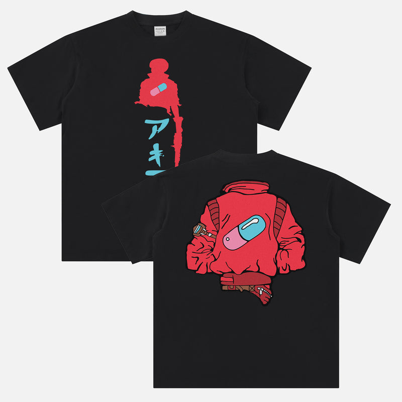 Cyberpunk Neo-Tokyo Akira graphic t-shirt with motorcycle jacket art and front and black print on a black t-shirt