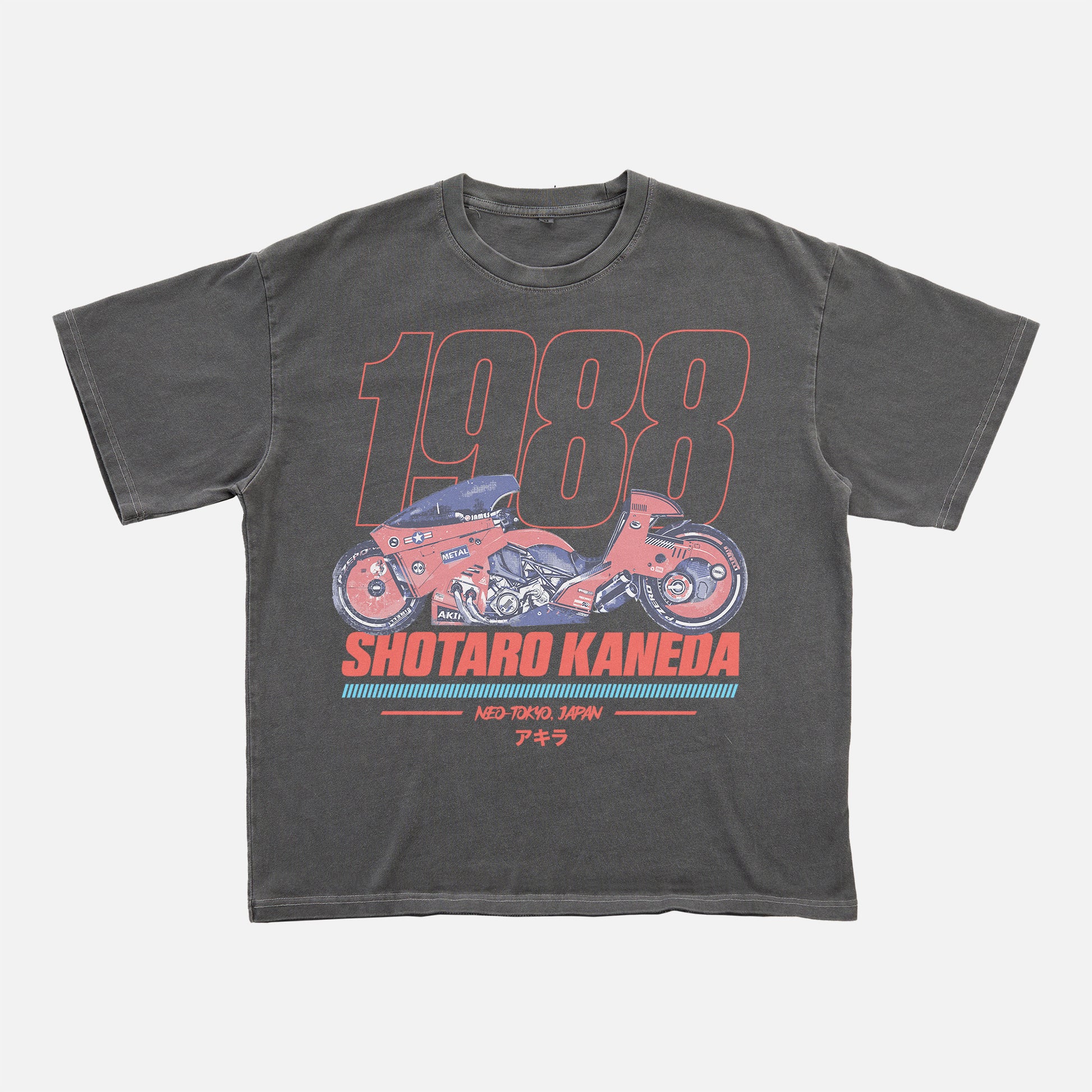 cool faded black Akira motorcycle graphic tee shirt, distressed JDM style anime manga movie streetwear t-shirt with red and blue graphic