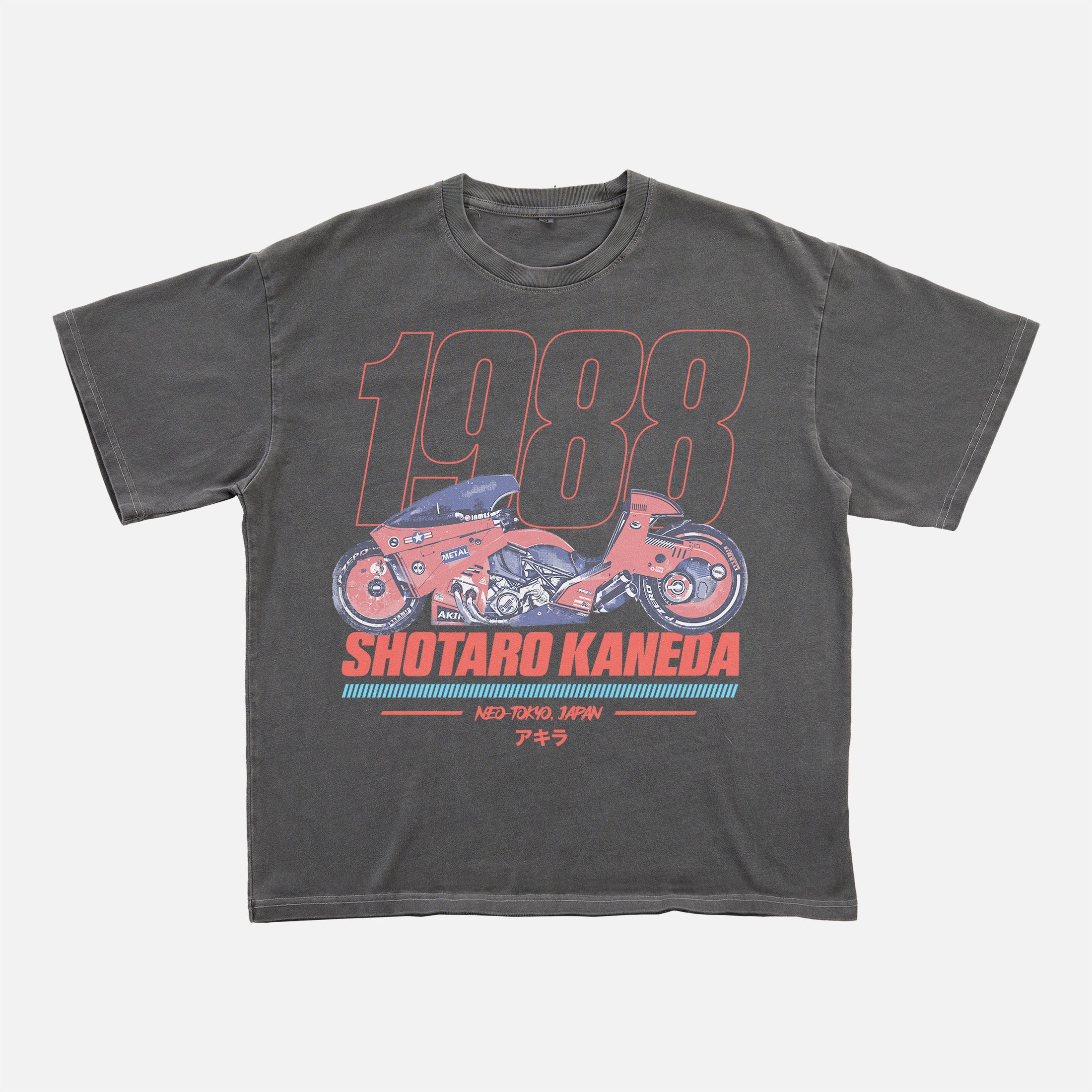 cool faded black Akira motorcycle graphic tee shirt, distressed JDM style anime manga movie streetwear t-shirt with red and blue graphic