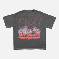 cool faded black Akira motorcycle graphic tee shirt, distressed JDM style anime manga movie streetwear t-shirt with red and blue graphic