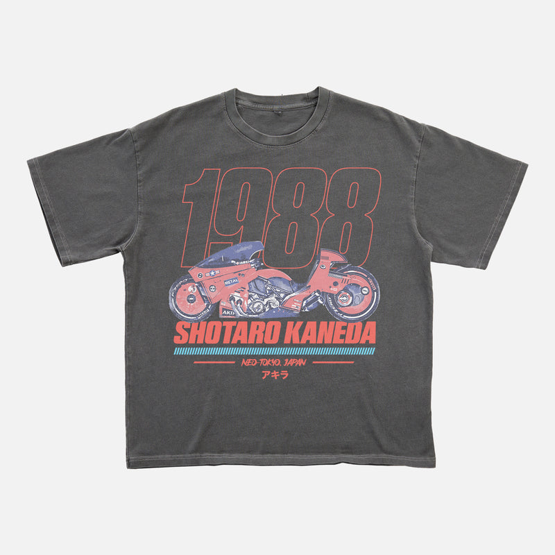 cool faded black Akira motorcycle graphic tee shirt, distressed JDM style anime manga movie streetwear t-shirt with red and blue graphic