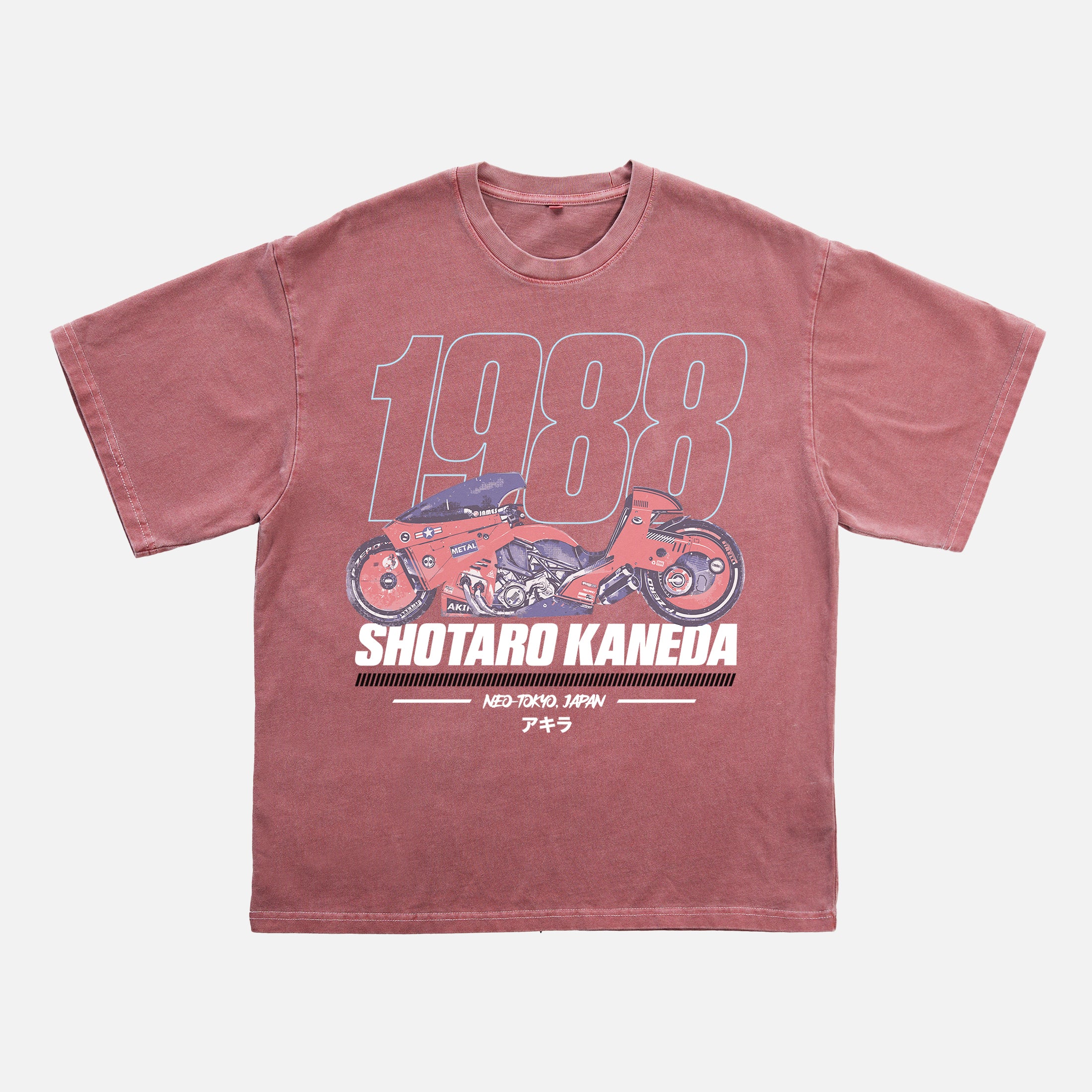 cool faded red Akira motorcycle graphic tee shirt, distressed JDM style anime manga movie streetwear t-shirt with red and blue graphic