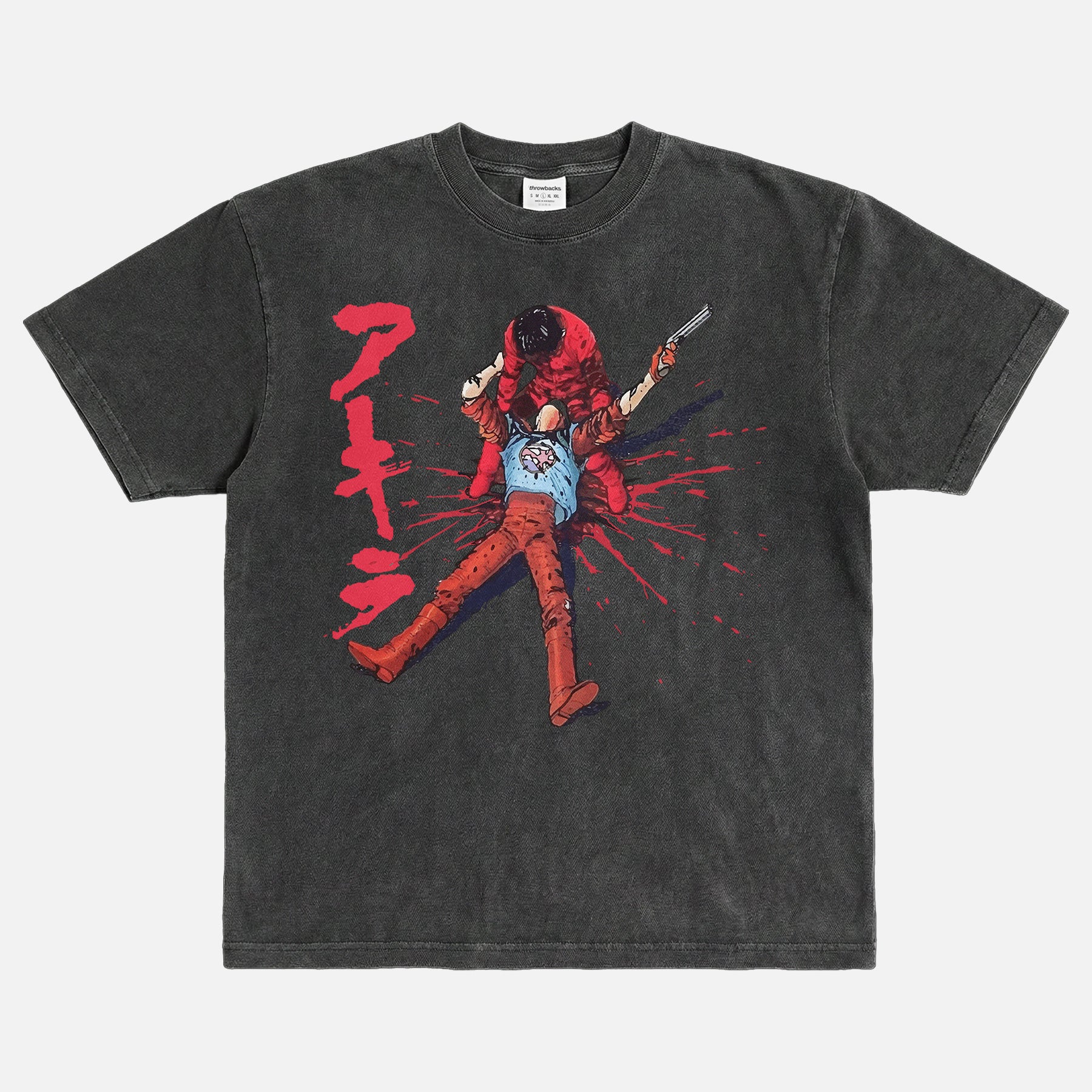 Akira Vs Tetsuo Anime T-Shirt featuring Kaneda and Tetsuo locked in battle over Neo-Tokyo with Japanese text and vintage manga styling on a relaxed unisex faded black graphic tee.