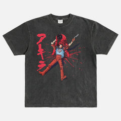 Akira Vs Tetsuo Anime T-Shirt featuring Kaneda and Tetsuo locked in battle over Neo-Tokyo with Japanese text and vintage manga styling on a relaxed unisex faded black graphic tee.