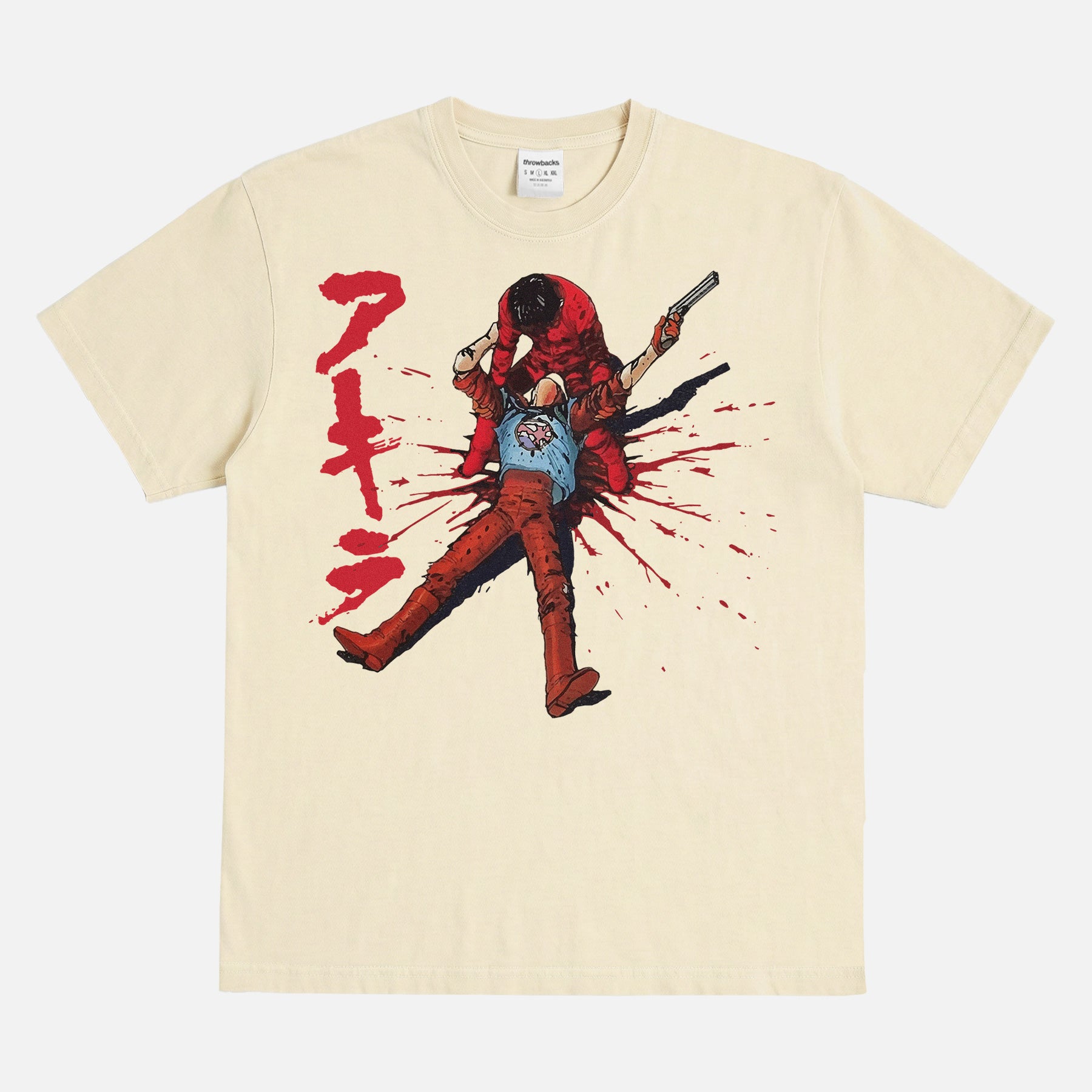 Akira Vs Tetsuo Anime T-Shirt featuring Kaneda and Tetsuo locked in battle over Neo-Tokyo with Japanese text and vintage manga styling on a relaxed unisex off white washed tee.