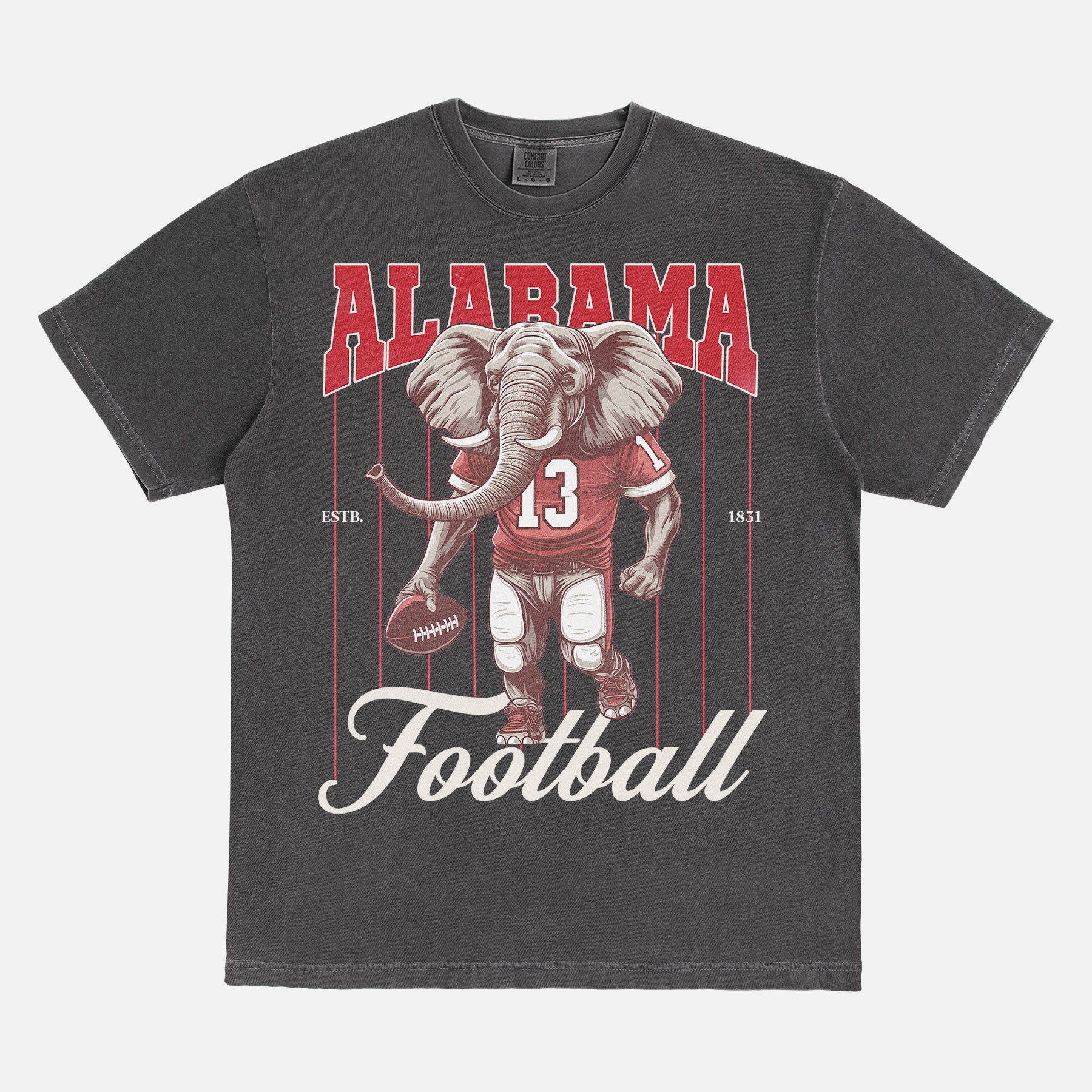 washed black oversized Alabama Crimson Tide elephant mascot graphic t-shirt for Bama football fans with retro vintage pinstripes