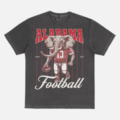 washed black oversized Alabama Crimson Tide elephant mascot graphic t-shirt for Bama football fans with retro vintage pinstripes