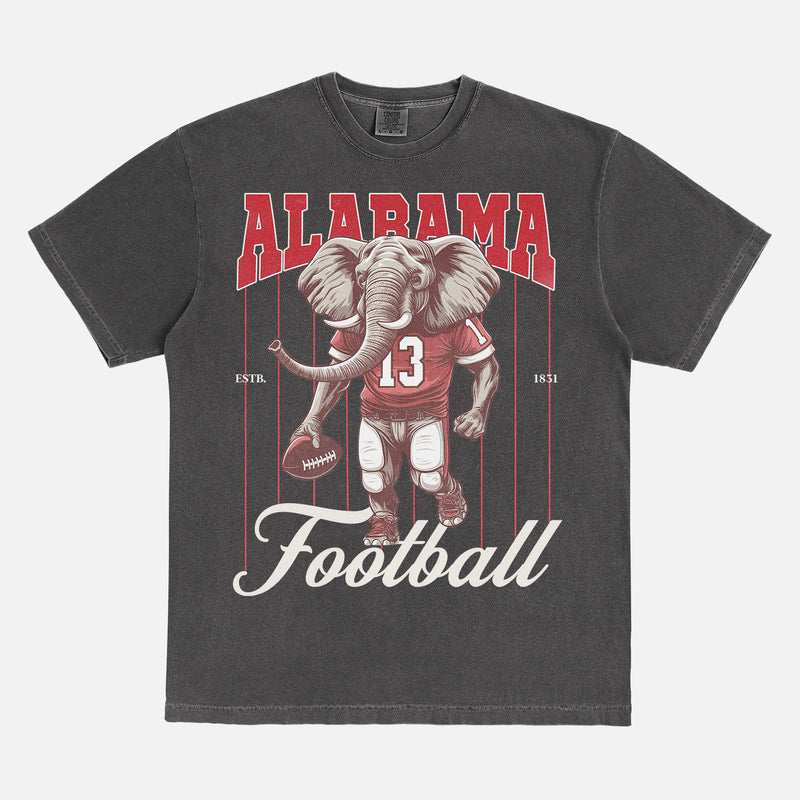 washed black oversized Alabama Crimson Tide elephant mascot graphic t-shirt for Bama football fans with retro vintage pinstripes