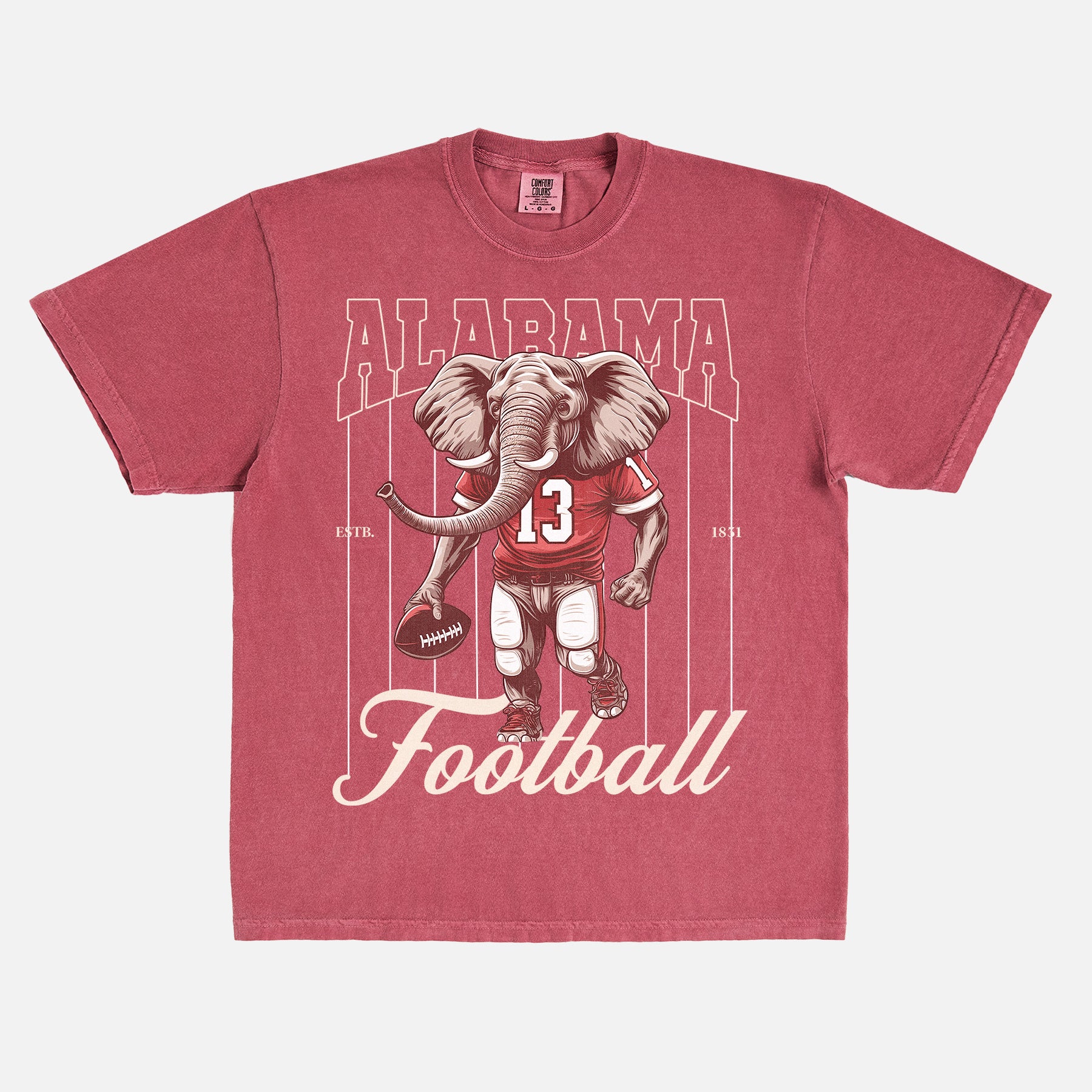 washed red oversized Alabama Crimson Tide elephant mascot graphic t-shirt for Bama football fans with retro vintage pinstripes