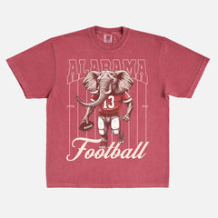 washed red oversized Alabama Crimson Tide elephant mascot graphic t-shirt for Bama football fans with retro vintage pinstripes