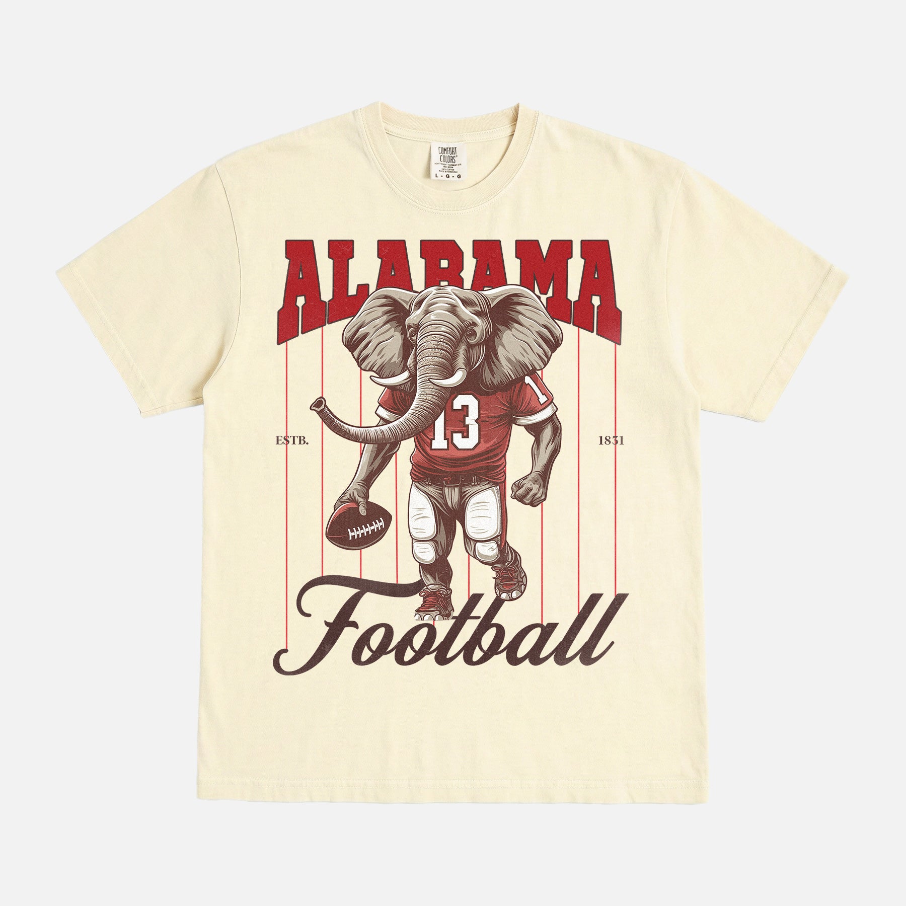 beige off white oversized Alabama Crimson Tide elephant mascot graphic t-shirt for Bama football fans with retro vintage pinstripes