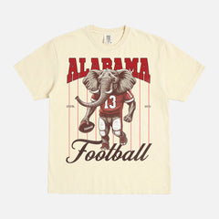 beige off white oversized Alabama Crimson Tide elephant mascot graphic t-shirt for Bama football fans with retro vintage pinstripes