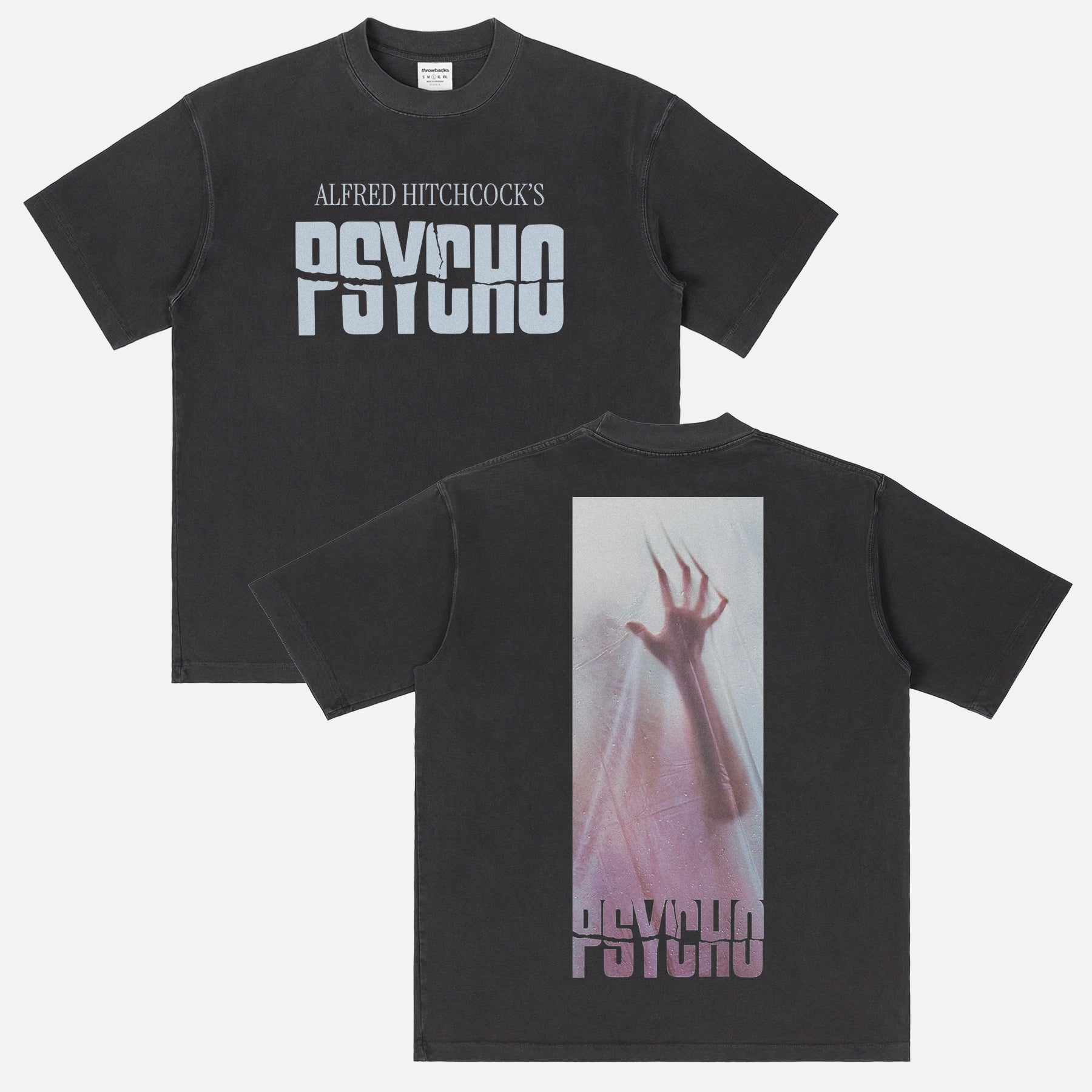 Alfred Hitchock Psycho movie graphic t-shirt, with retro movie poster and oversized back print