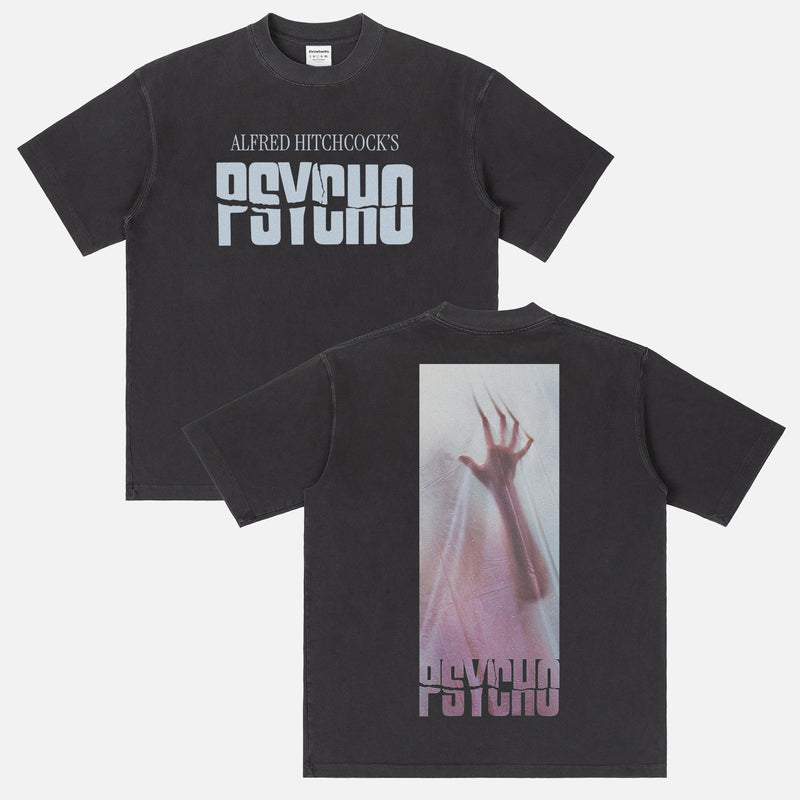 Alfred Hitchock Psycho movie graphic t-shirt, with retro movie poster and oversized back print