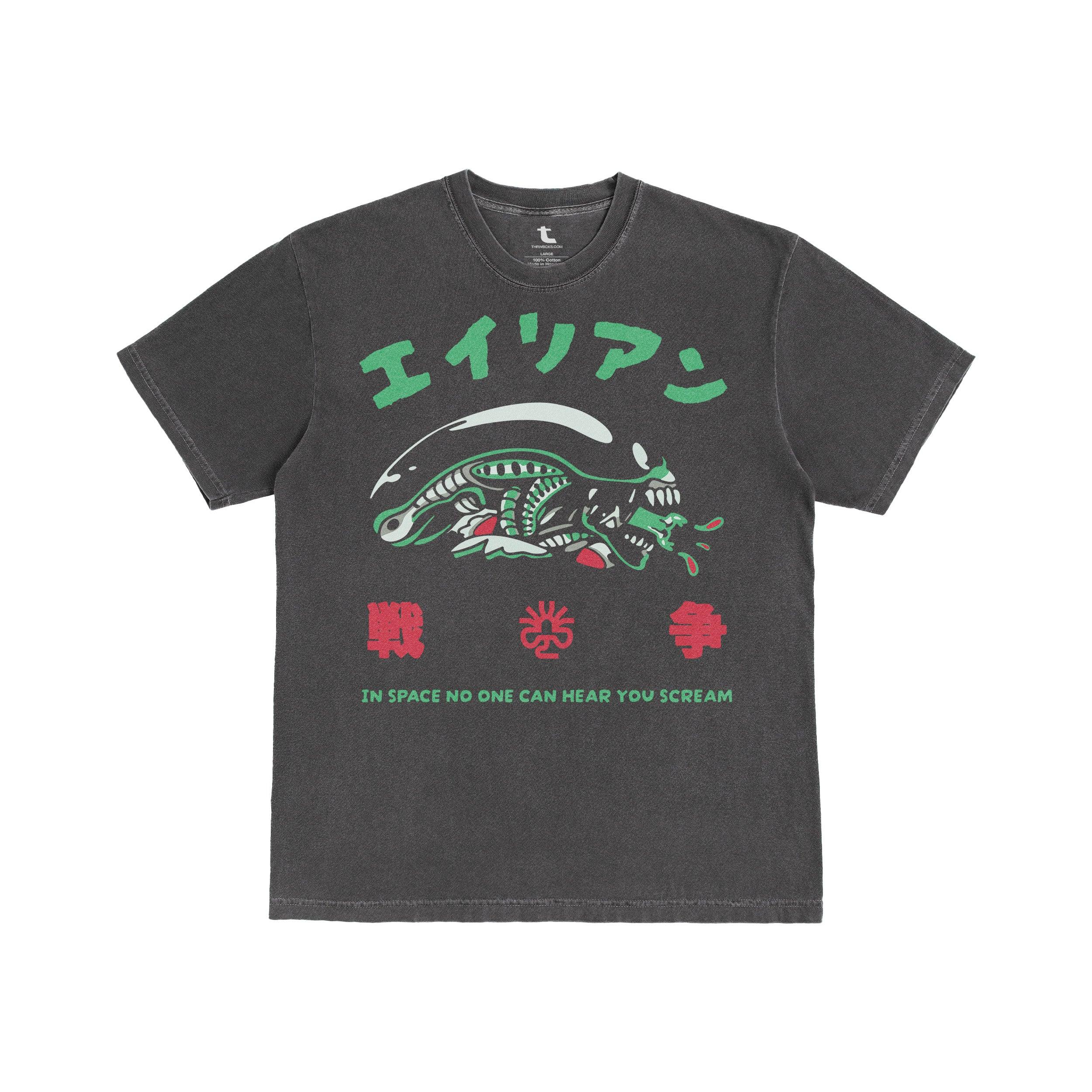 Alien 1979 Japanese movie poster t-shirt on washed black comfort colors tee