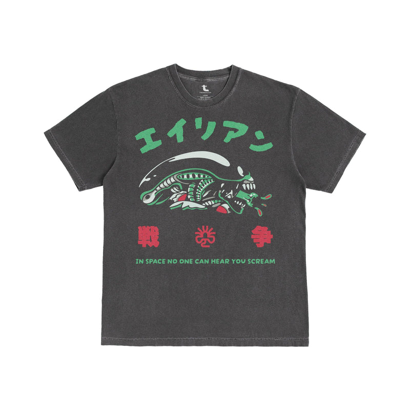 Alien 1979 Japanese movie poster t-shirt on washed black comfort colors tee