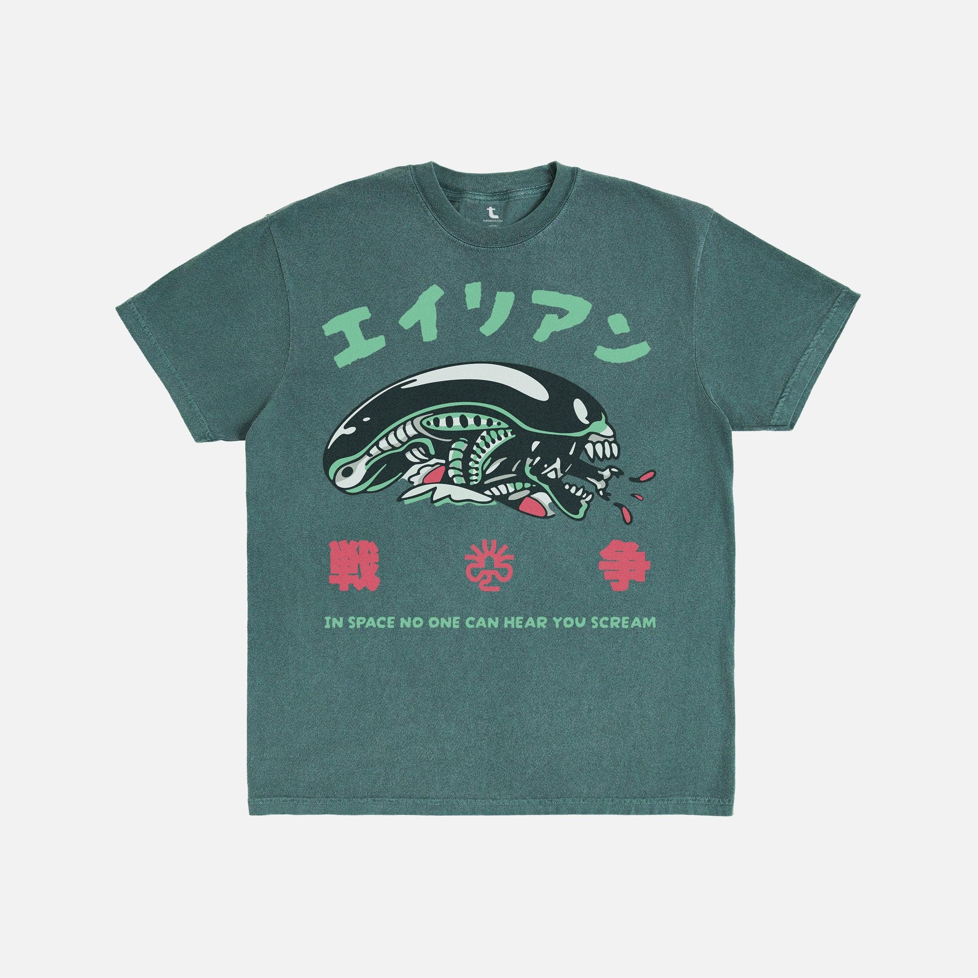 Alien 1979 Japanese movie poster t-shirt on washed green comfort colors tee