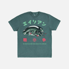 Alien 1979 Japanese movie poster t-shirt on washed green comfort colors tee