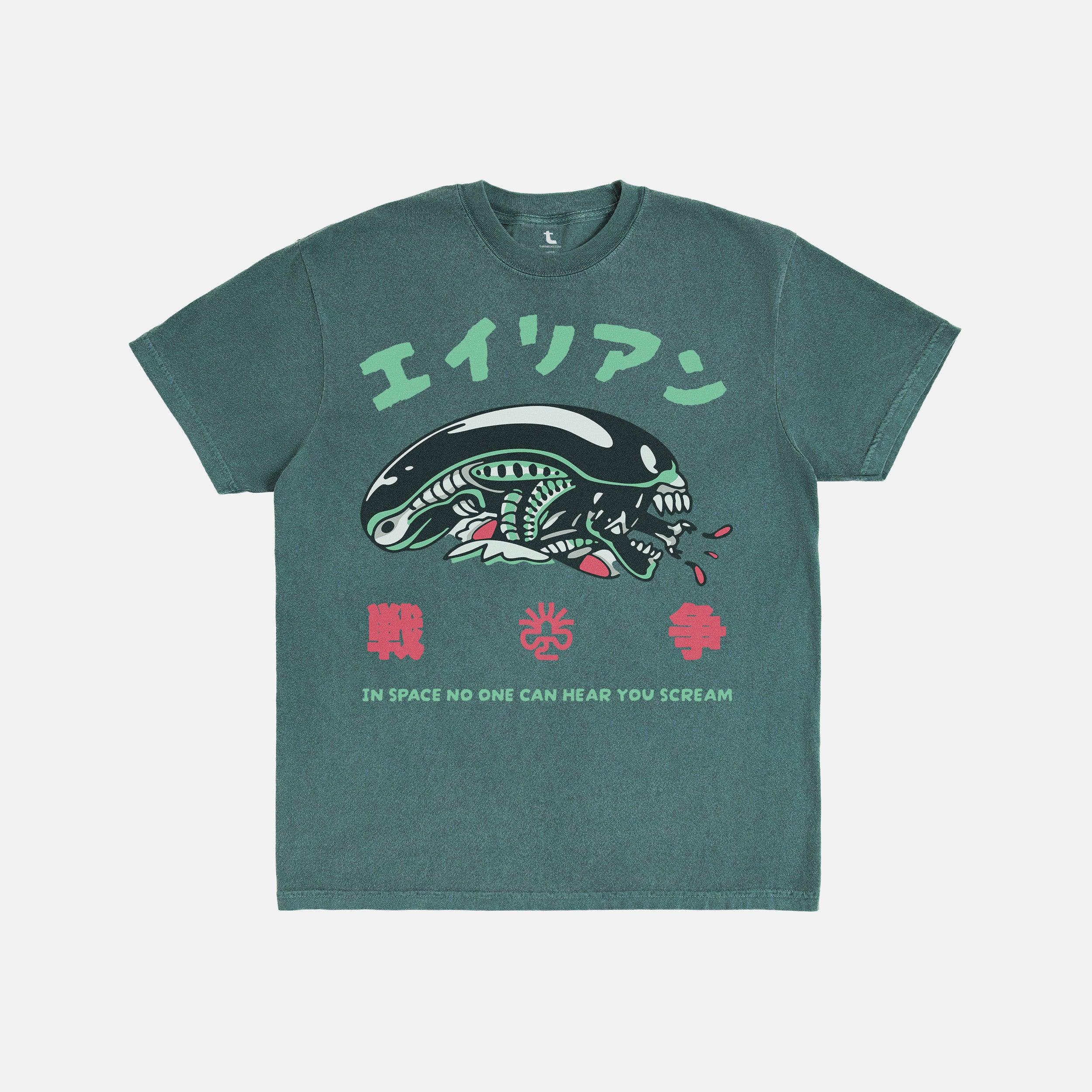Alien 1979 Japanese movie poster t-shirt on washed green comfort colors tee