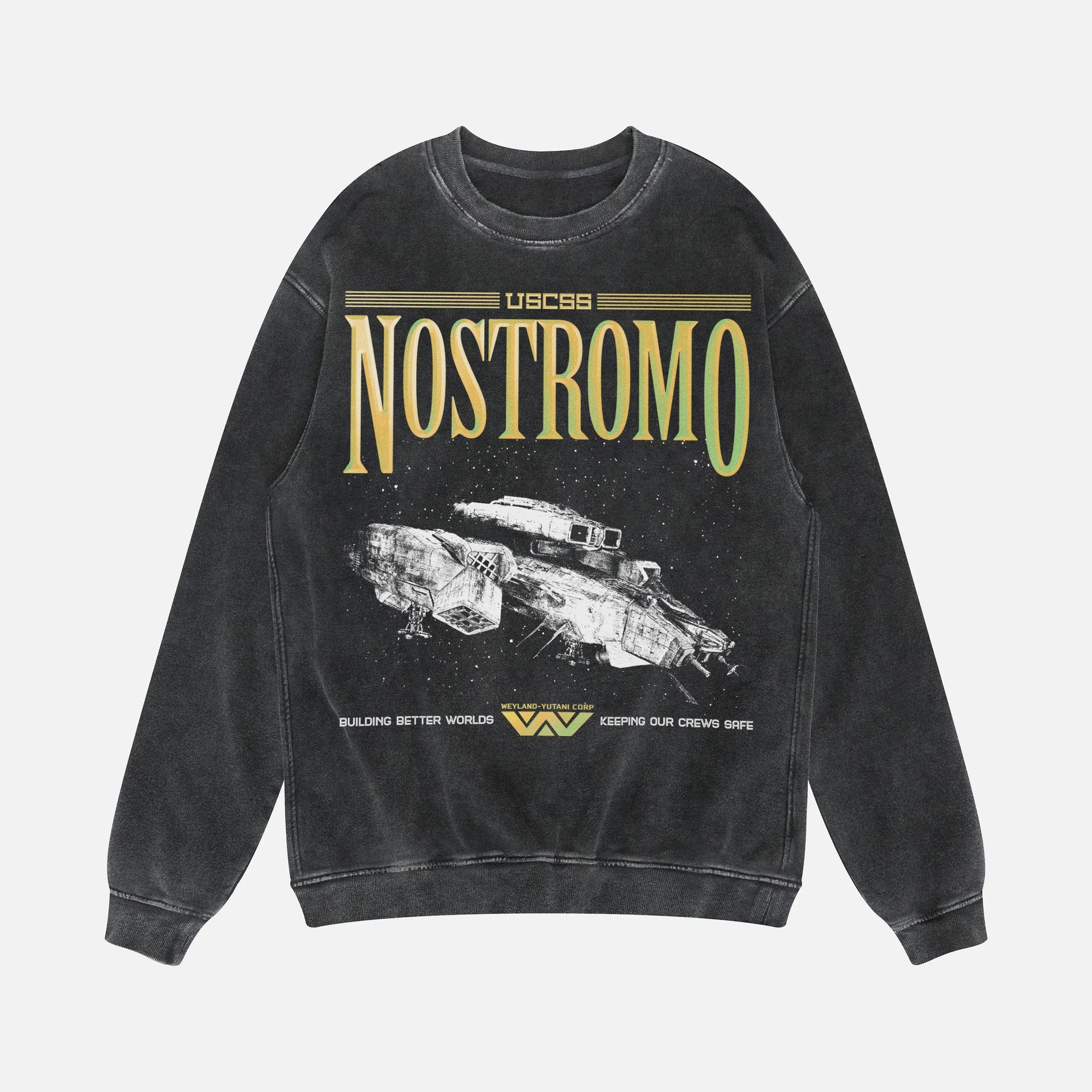 Distressed black oversized Alien 1979 movie sweatshirt with Weyland Yutani and USCSS Nostromo Logos