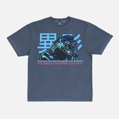 Washed navy and pink comfort colors Alien 1979 sci-fi horror movie t-shirt with retro neon xenomorph art and japanese movie poster text for sale at Throwbacks