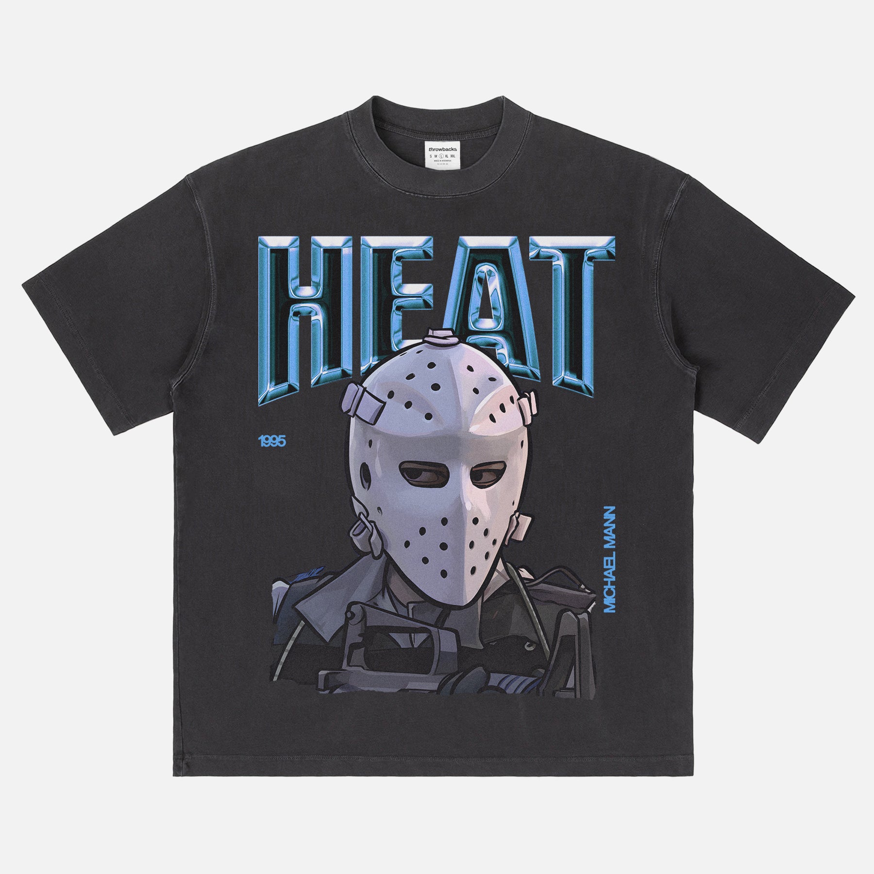 1995 Heat Movie bootleg t-shirt with retro 90s chrome movie poster text on a heavyweight washed black graphic tee for men 
