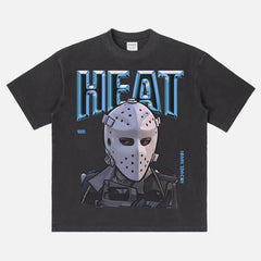 1995 Heat Movie bootleg t-shirt with retro 90s chrome movie poster text on a heavyweight washed black graphic tee for men 