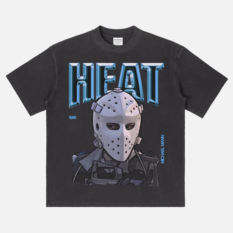 1995 Heat Movie bootleg t-shirt with retro 90s chrome movie poster text on a heavyweight washed black graphic tee for men 