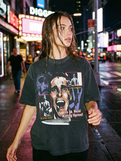 Black Patrick Bateman Bootleg T-Shirt, American Psycho movie graphic tee with Christian Bale Chainsaw streetwear