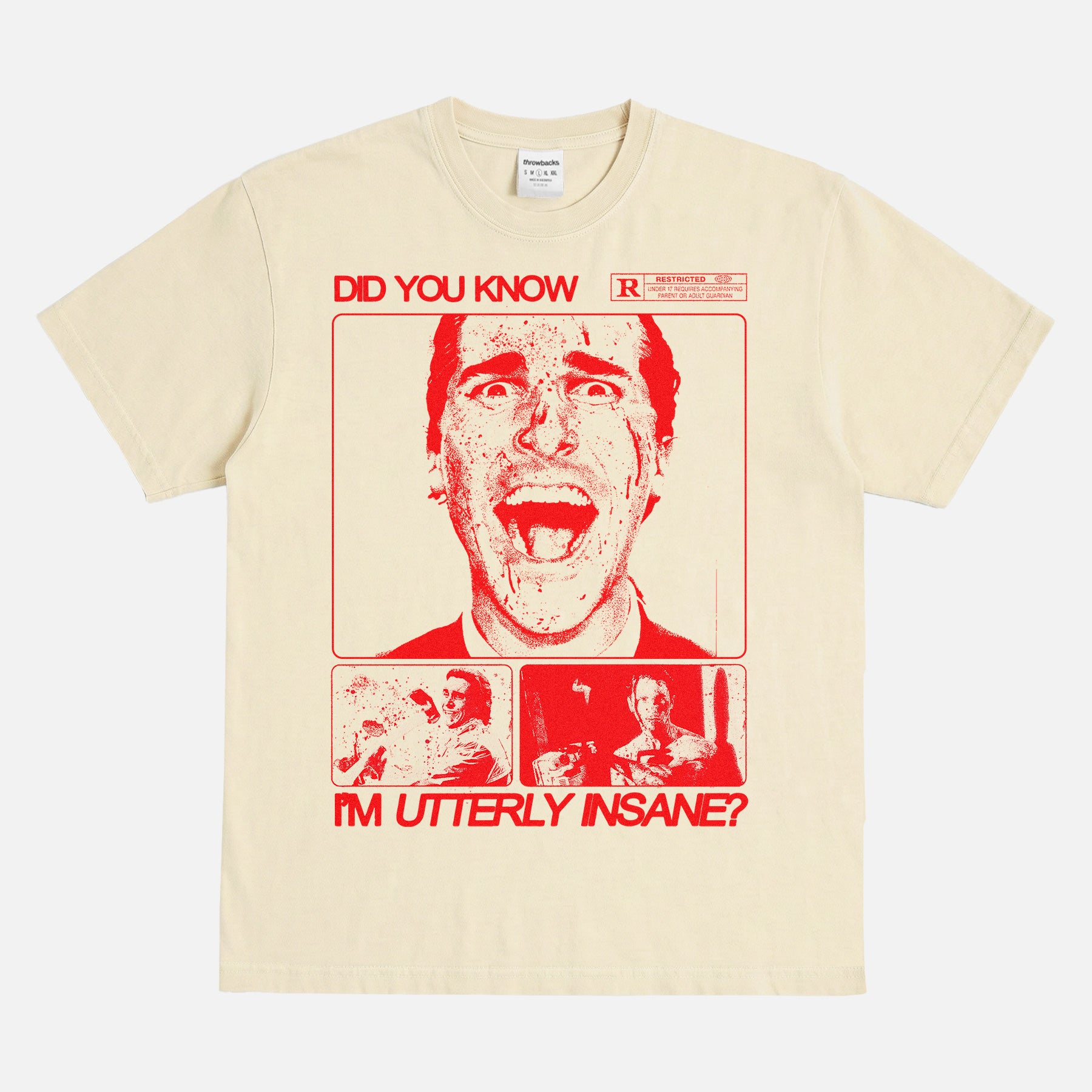 Patrick Bateman American Psycho movie graphic t-shirt, washed cream and red cult classic streetwear bootleg tee