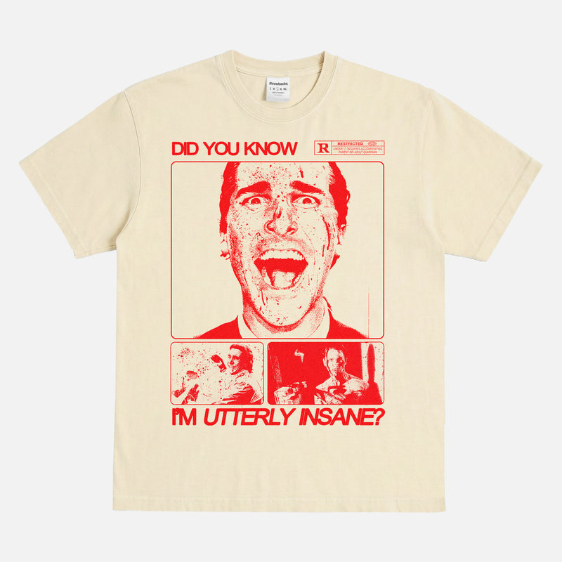 Patrick Bateman American Psycho movie graphic t-shirt, washed cream and red cult classic streetwear bootleg tee