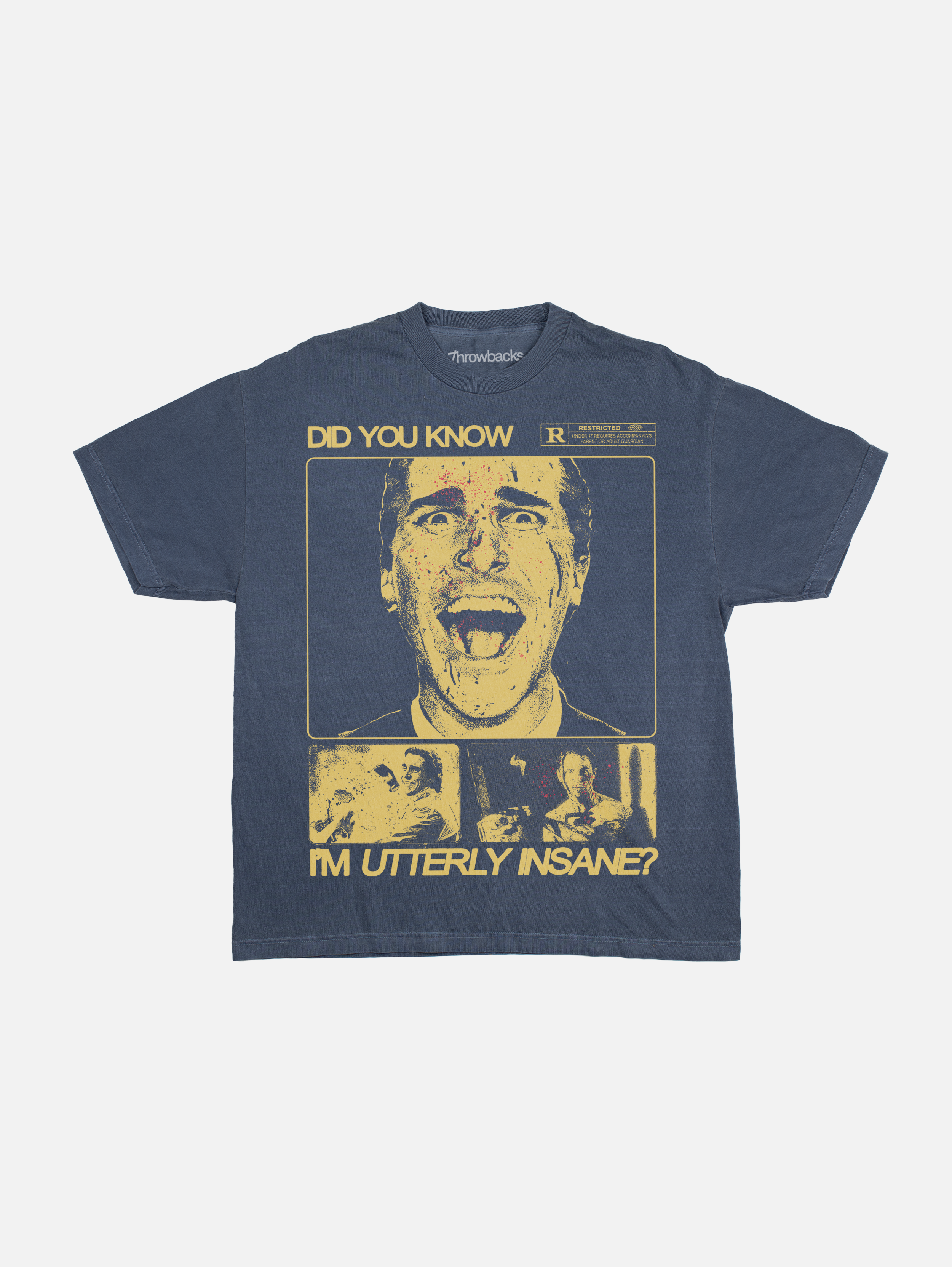 American Psycho Patrick Bateman t-shirt, retro faded black navy yellow horror movie graphic tee shirts for men and women