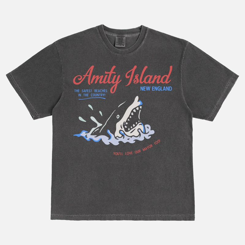 Funny Jaws Movie T-Shirt with retro  Amity Island travel poster logo on faded black Comfort Colors unisex t-shirt for sale at Throwbacks