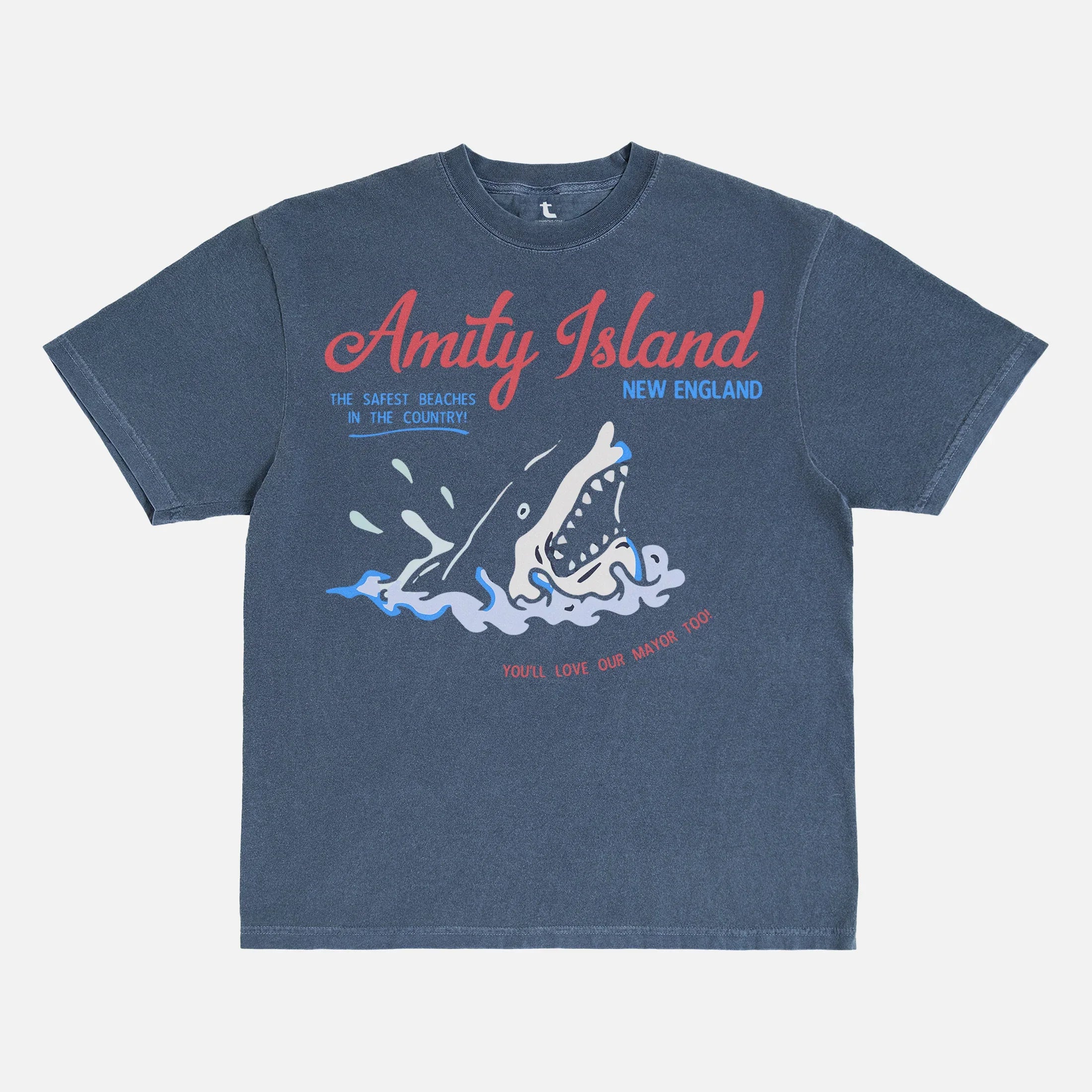 Funny Jaws Movie T-Shirt with retro  Amity Island travel poster logo on faded navy Comfort Colors unisex t-shirt for sale at Throwbacks
