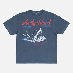 Funny Jaws Movie T-Shirt with retro  Amity Island travel poster logo on faded navy Comfort Colors unisex t-shirt for sale at Throwbacks