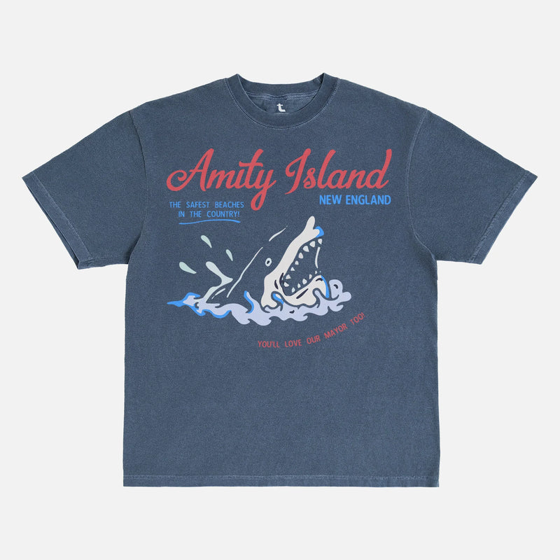 Funny Jaws Movie T-Shirt with retro  Amity Island travel poster logo on faded navy Comfort Colors unisex t-shirt for sale at Throwbacks