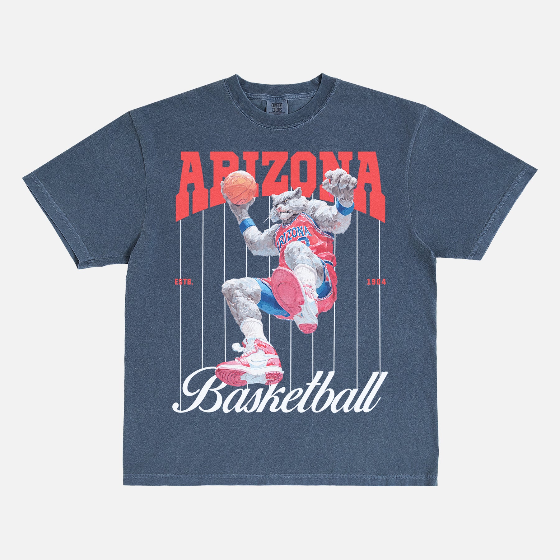 Arizona Wildcats College Basketball Pinstripes T‑shirt with vintage mascot graphic on a premium heavyweight washed navy tee